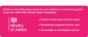 Victims in the following categories are entitled to enhanced support as set out within the Victims code of practice; Victims of the most serious crime. Persistently targeted victims; and Vulnerable or intimidated victims